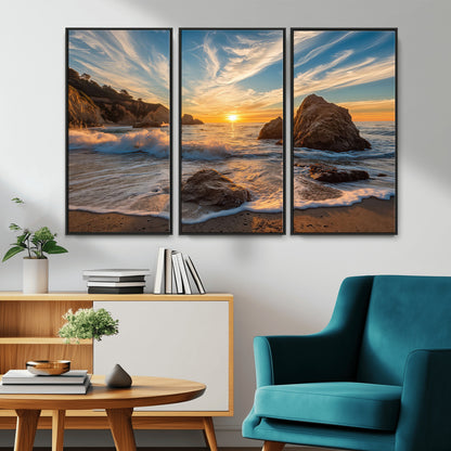 85659923-MGV-CV-36X24-Ocean Sunset Wall Art – Dramatic Seascape Canvas Print with Cliffs, Crashing Waves and Golden Sky, Bold Coastal Photography for