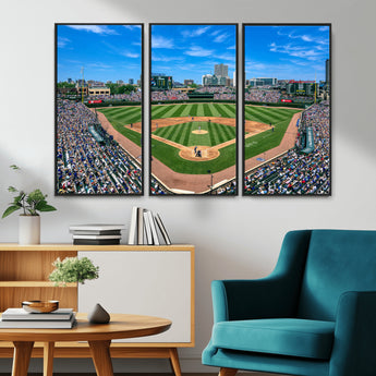 56213978-MGV-CV-36X24-Baseball Stadium Wall Art – Panoramic Ballpark Canvas Print with Fans, Green Field and City Skyline, Classic Sports Photography