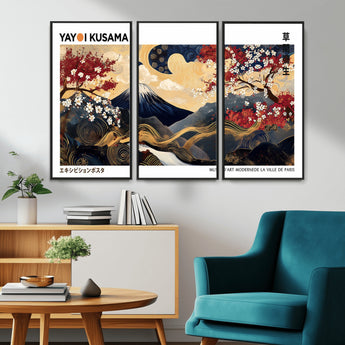 28945903-MGV-CV-36X24-Yayoi Kusama Inspired Japanese Art Canvas Print – Framed Floral & Mt. Fuji Wall Decor, Modern Asian Style Canvas for Home, Office,
