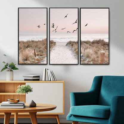 34632598-MGV-CV-36X24-Coastal Pathway Canvas Wall Art – Framed Seaside Landscape, Large Beach and Birds Canvas Print for Home, Office, or Living Room