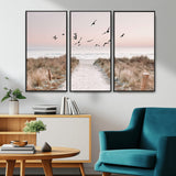 34632598-MGV-CV-36X24-Beach Pathway Wall Art – Coastal Canvas Print with Sandy Trail, Flying Birds and Pastel Sky, Serene Ocean Landscape Photography