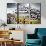 34632598CRY-MGV-CV-36X24-Cherry Blossom Wall Art – Scenic Asian Landscape Canvas Print with Wooden Walkway, Misty Mountains and Sunrise, Serene Nature
