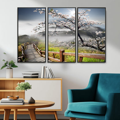 34632598CRY-MGV-CV-36X24-Cherry Blossom Wall Art – Scenic Asian Landscape Canvas Print with Wooden Walkway, Misty Mountains and Sunrise, Serene Nature