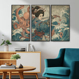 52037775-MGV-FC-48X32-3P_Black-Samurai Woman Wall Art – Japanese Ukiyo e Style Canvas Print with Katana, Ocean Waves and Octopus, Traditional Asian Inspired