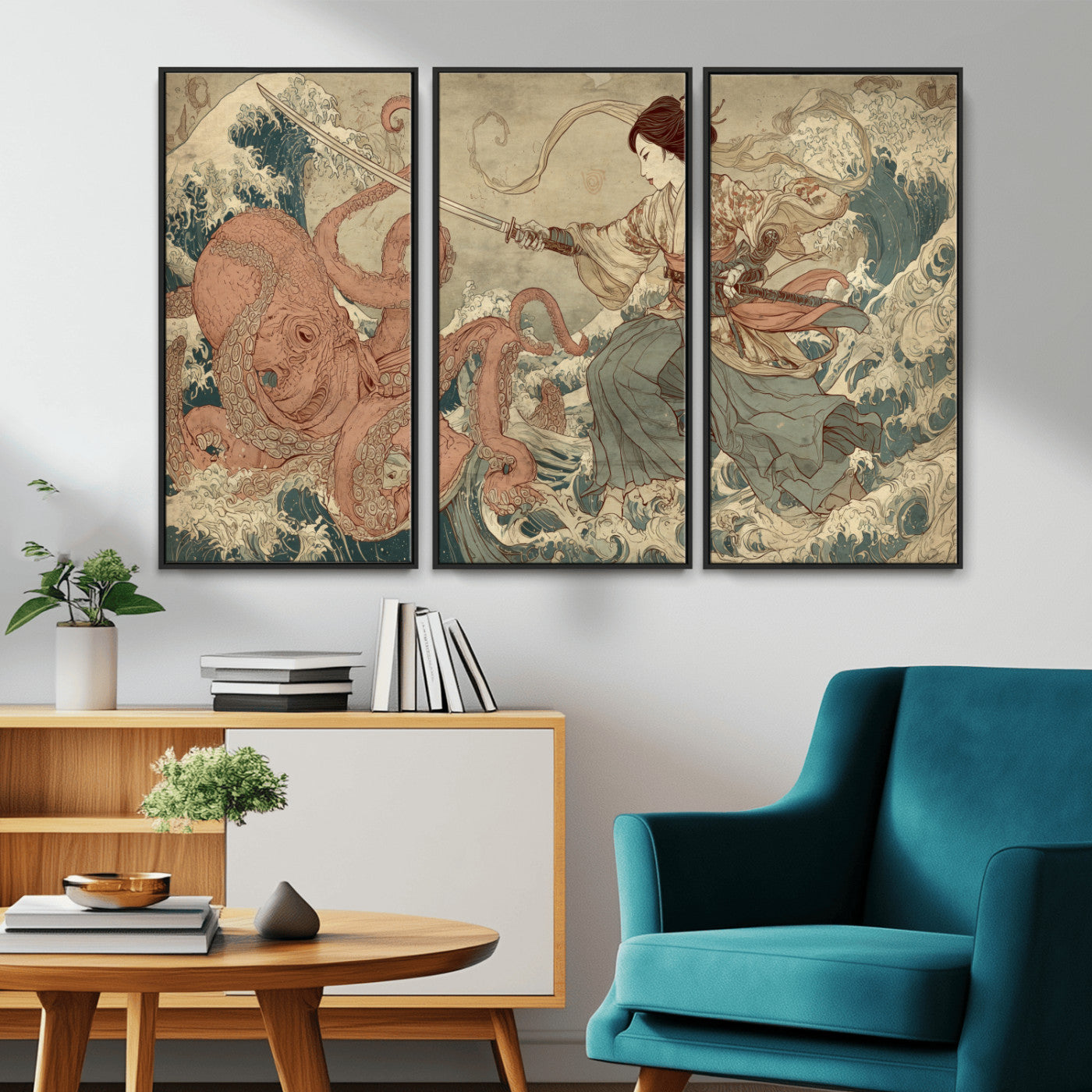 54879547-MGV-CV-36X24-Tsukioka Yoshitoshi Samurai Wall Art Print, Japanese Katana Warrior Canvas Wall Art, Octopus Sea Monster Canvas Print,