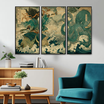 24416422-MGV-CV-36X24-Samurai vs Octopus Wall Art – Japanese Warrior Ocean Battle Canvas Print, Ukiyo e Inspired Decor for Home, Office, or Man Cave