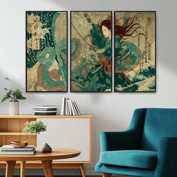 86918027-MGV-CV-36X24-Samurai Warrior vs Octopus Wall Art – Japanese Ukiyo-e Ocean Battle Canvas Print, Traditional Samurai Artwork for Living Room,