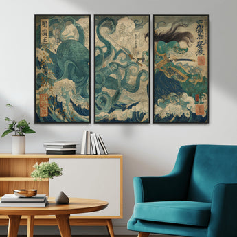 60346622-MGV-CV-36X24-Tsukioka Yoshitoshi Samurai Wall Art Print, Japanese Katana Warrior Canvas Wall Art, Octopus Sea Monster Canvas Print,