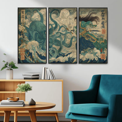 60346622-MGV-CV-36X24-Tsukioka Yoshitoshi Samurai Wall Art Print, Japanese Katana Warrior Canvas Wall Art, Octopus Sea Monster Canvas Print,