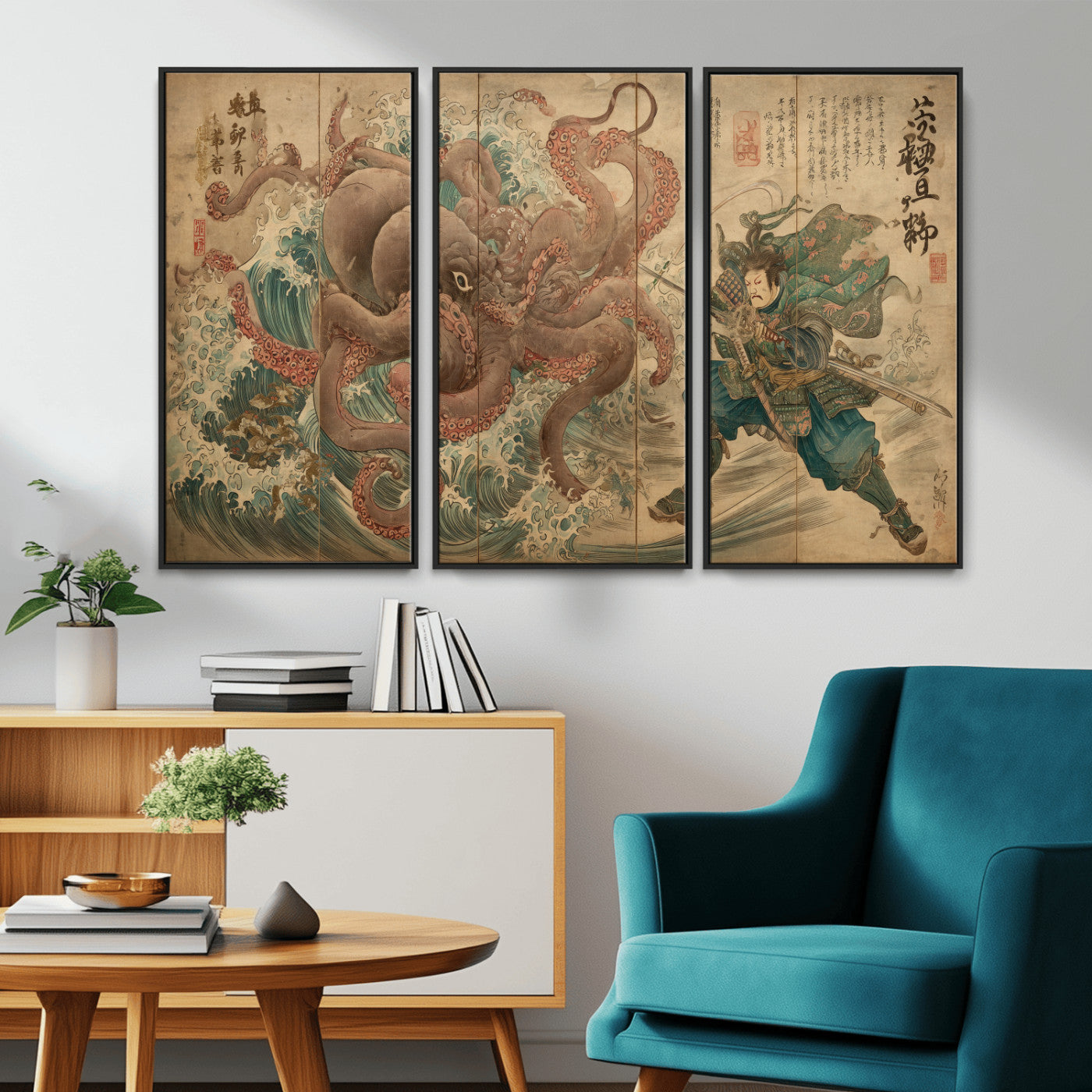 63782167-MGV-CV-36X24-Tsukioka Yoshitoshi Samurai Wall Art Print, Japanese Katana Warrior Canvas Wall Art, Octopus Sea Monster Canvas Print,