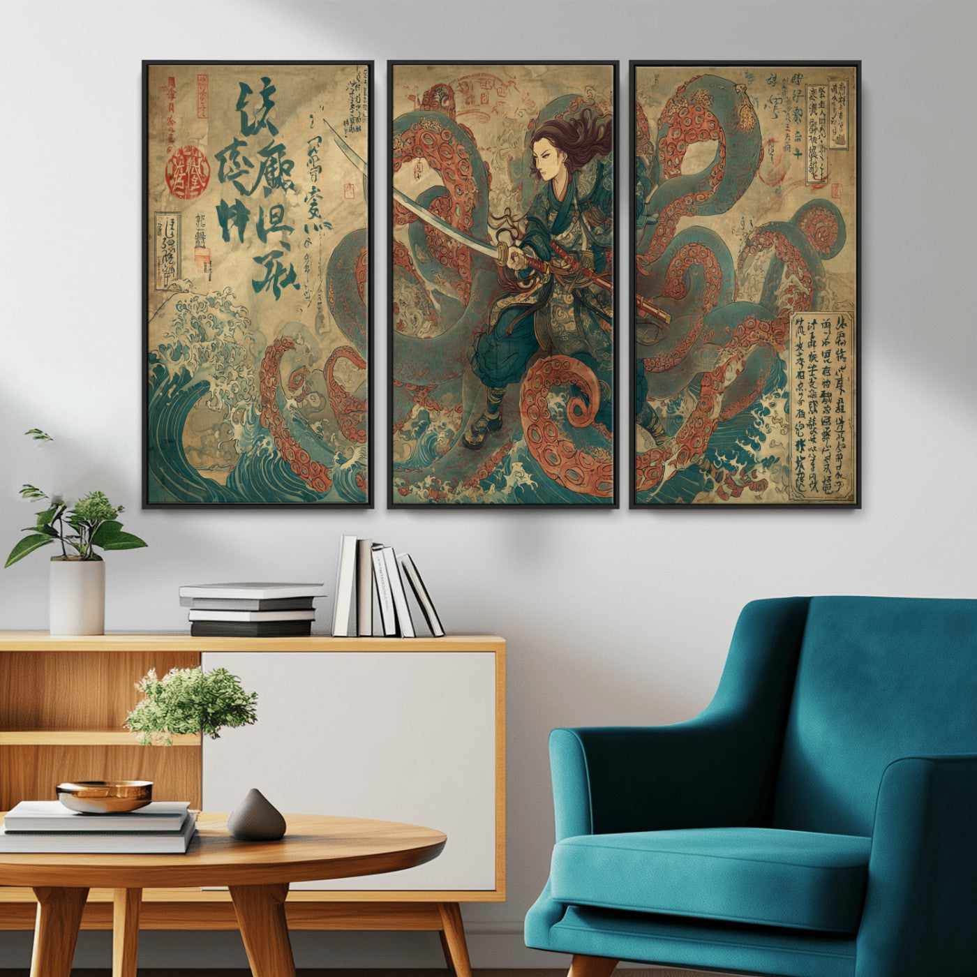 98593115-MGV-CV-36X24-Tsukioka Yoshitoshi Samurai Wall Art Print, Japanese Katana Warrior Canvas Wall Art, Octopus Sea Monster Canvas Print,