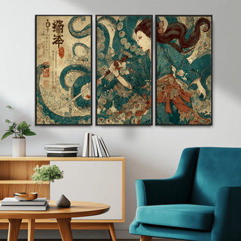 18575670-MGV-CV-36X24-Tsukioka Yoshitoshi Samurai Wall Art Print, Japanese Katana Warrior Canvas Wall Art, Octopus Sea Monster Canvas Print,
