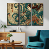 18575670-MGV-CV-36X24-Samurai Woman vs Octopus Wall Art – Japanese Ukiyo-e Ocean Battle Canvas Print, Traditional Warrior Artwork for Living Room,