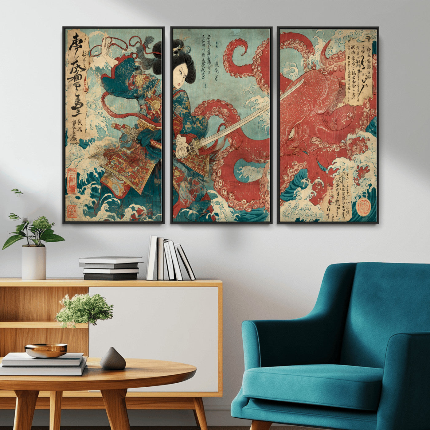 68844327-MGV-CV-36X24-Tsukioka Yoshitoshi Samurai Wall Art Print, Japanese Katana Warrior Canvas Wall Art, Octopus Sea Monster Canvas Print,