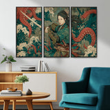 35461724-MGV-FC-48X32-3P_Black-Samurai Woman vs Octopus Wall Art – Japanese Ukiyo-e Ocean Waves Canvas Print, Red Tentacle Battle Artwork for Living Room,