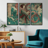 91666601-MGV-CV-36X24-Samurai Woman vs Octopus Wall Art – Japanese Ukiyo-e Green Robe Canvas Print, Ocean Battle Artwork for Living Room, Office, Man