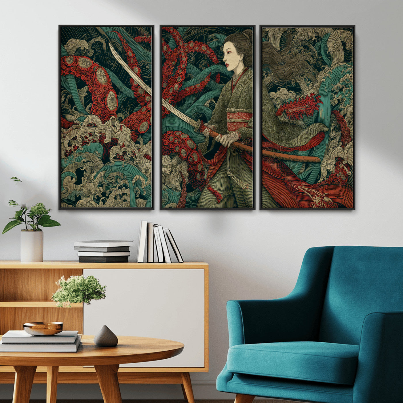 18902796-MGV-CV-36X24-Samurai Woman vs Octopus Wall Art – Japanese Ukiyo-e Green Kimono Canvas Print, Ocean Battle Scene Artwork for Living Room,