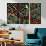 18902796-MGV-CV-36X24-Samurai Woman vs Octopus Wall Art – Japanese Ukiyo-e Green Kimono Canvas Print, Ocean Battle Scene Artwork for Living Room,
