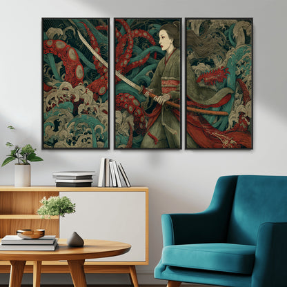 18902796-MGV-CV-36X24-Samurai Woman vs Octopus Wall Art – Japanese Ukiyo-e Green Kimono Canvas Print, Ocean Battle Scene Artwork for Living Room,