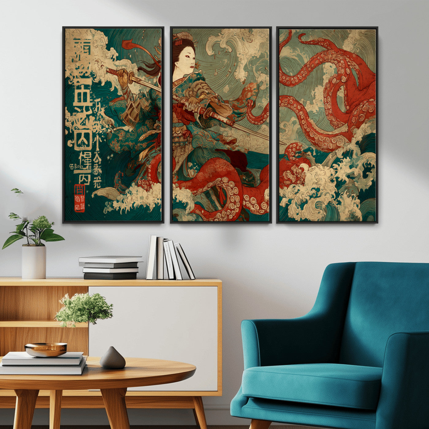 60201267-MGV-CV-36X24-Samurai Woman vs Octopus Wall Art – Japanese Ukiyo-e Armor Canvas Print, Red Tentacle Ocean Battle Artwork for Living Room,