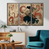 82737246-MGV-CV-36X24-Samurai Woman vs Octopus Wall Art – Japanese Ukiyo-e Dual Sword Canvas Print, Red Tentacle Ocean Battle Artwork for Living Room,