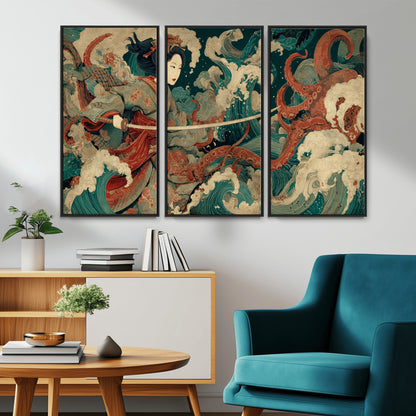 30212982-MGV-CV-36X24-Samurai Woman vs Octopus Wall Art – Japanese Ukiyo-e Style Warrior and Sea Monster Canvas Print, Mythology Inspired Artwork for