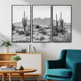 97436PHN-MGV-CV-36X24-Desert Landscape Wall Art – Black and White Cactus and Mountain Canvas Print, Southwestern Nature Photography for Living Room,