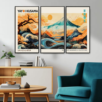 94085549-MGV-CV-36X24-Yayoi Kusama Inspired Japanese Landscape Art Print – Vibrant Mount Fuji, Waves & Autumn Trees, Modern Decorative Poster for