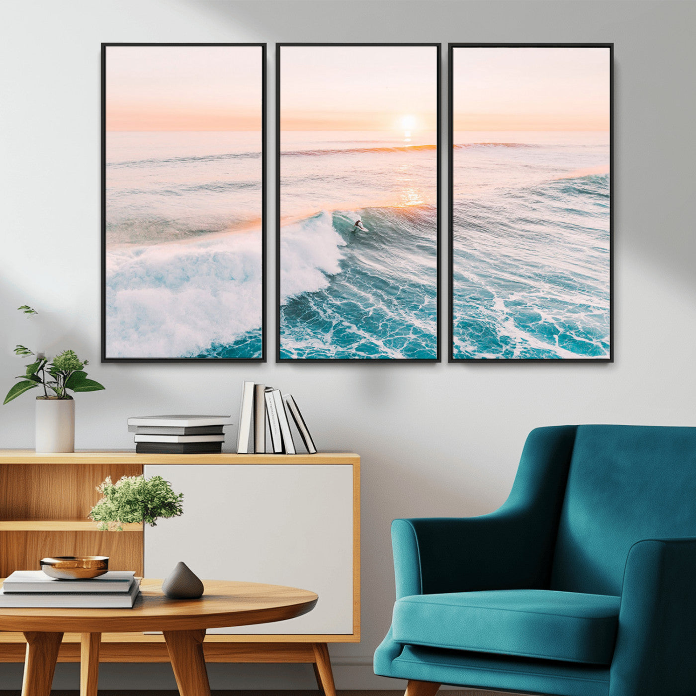 34064591-MGV-CV-36X24-Surfing Wall Art – Sunset Ocean Wave Canvas Print, Surfer Riding Sea Photography Decor for Bedroom, Living Room, Office, Coastal