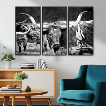 15425553-MGV-CV-36X24-Western Wall Art – Longhorn Cattle Black and White Canvas Print, Rustic Ranch Photography Decor for Bedroom, Living Room, Office,