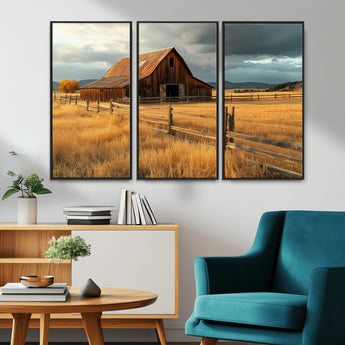 16480179-MGV-CV-36X24-Farmhouse Wall Art – Rustic Barn and Golden Field Canvas Print, Country Landscape Photography Decor for Bedroom, Living Room,