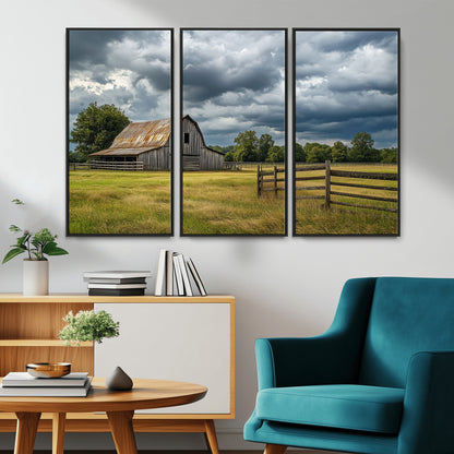 39409517-MGV-CV-36X24-Rustic Barn Wall Art – Weathered Farmhouse and Storm Clouds Canvas Print, Country Landscape Photography Decor for Bedroom, Living