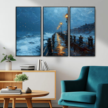 93793246-MGV-CV-36X24-Stormy Night Pier Canvas Wall Art – Moody Ocean Landscape with Lights, Blue Coastal Seascape Print for Bedroom, Living Room,
