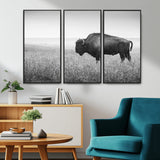 90861202-MGV-CV-36X24-Black and White Bison Canvas Wall Art – Rustic American Buffalo Print, Western Wildlife Photography for Farmhouse, Cabin, Office