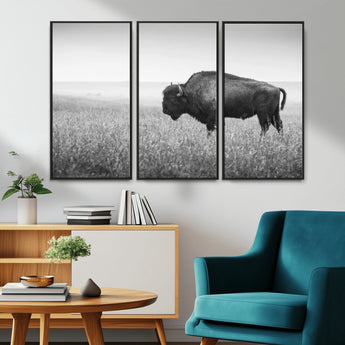 90861202-MGV-CV-36X24-Black and White Bison Canvas Wall Art – Rustic American Buffalo Print, Western Wildlife Photography for Farmhouse, Cabin, Office