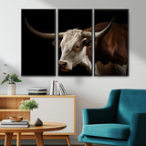 27414857-MGV-CV-36X24-Texas Longhorn Bull Canvas Wall Art – Rustic Western Farmhouse Decor, Brown & White Cow Portrait, Animal Print for Ranch Home