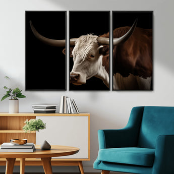 27414857-MGV-CV-36X24-Texas Longhorn Bull Canvas Wall Art – Rustic Western Farmhouse Decor, Brown & White Cow Portrait, Animal Print for Ranch Home
