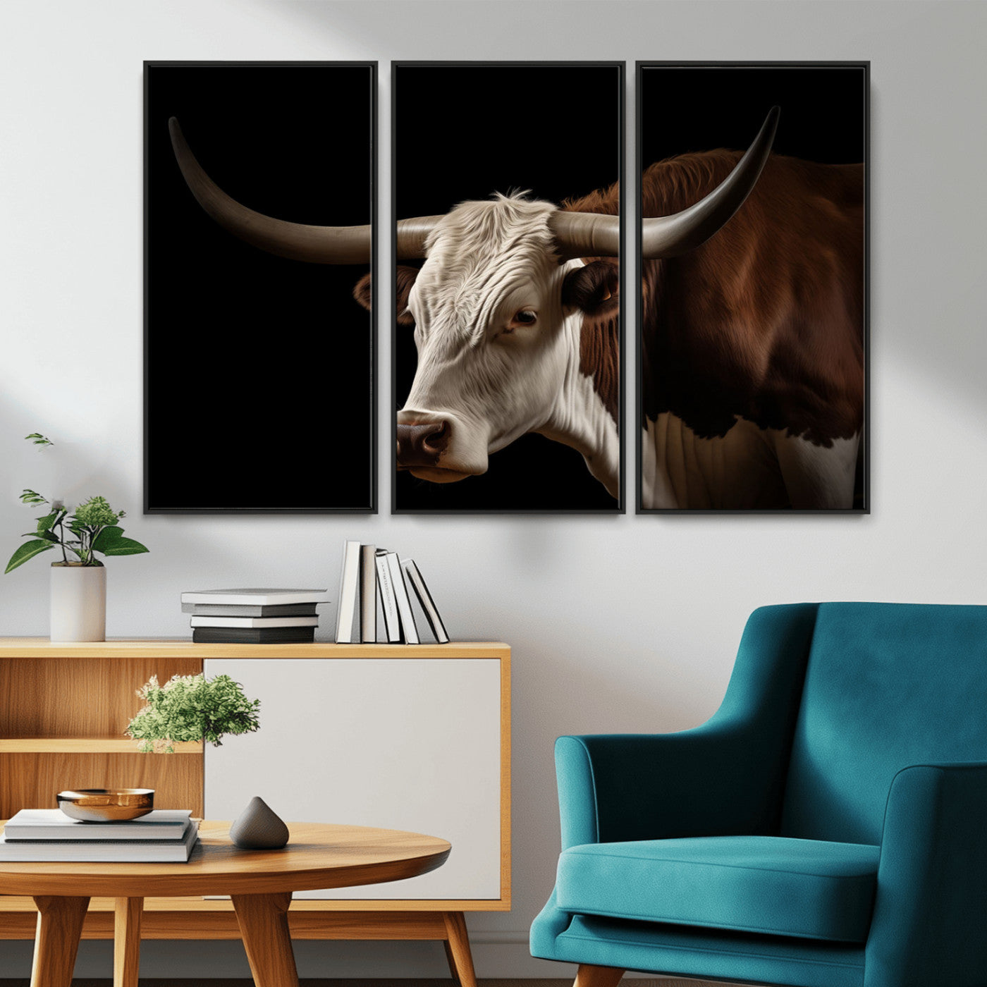 27414857-MGV-CV-36X24-Longhorn Bull Wall Art – Dramatic Western Steer Portrait Canvas Print, Rustic Farmhouse Animal Decor for Living Room, Office, or