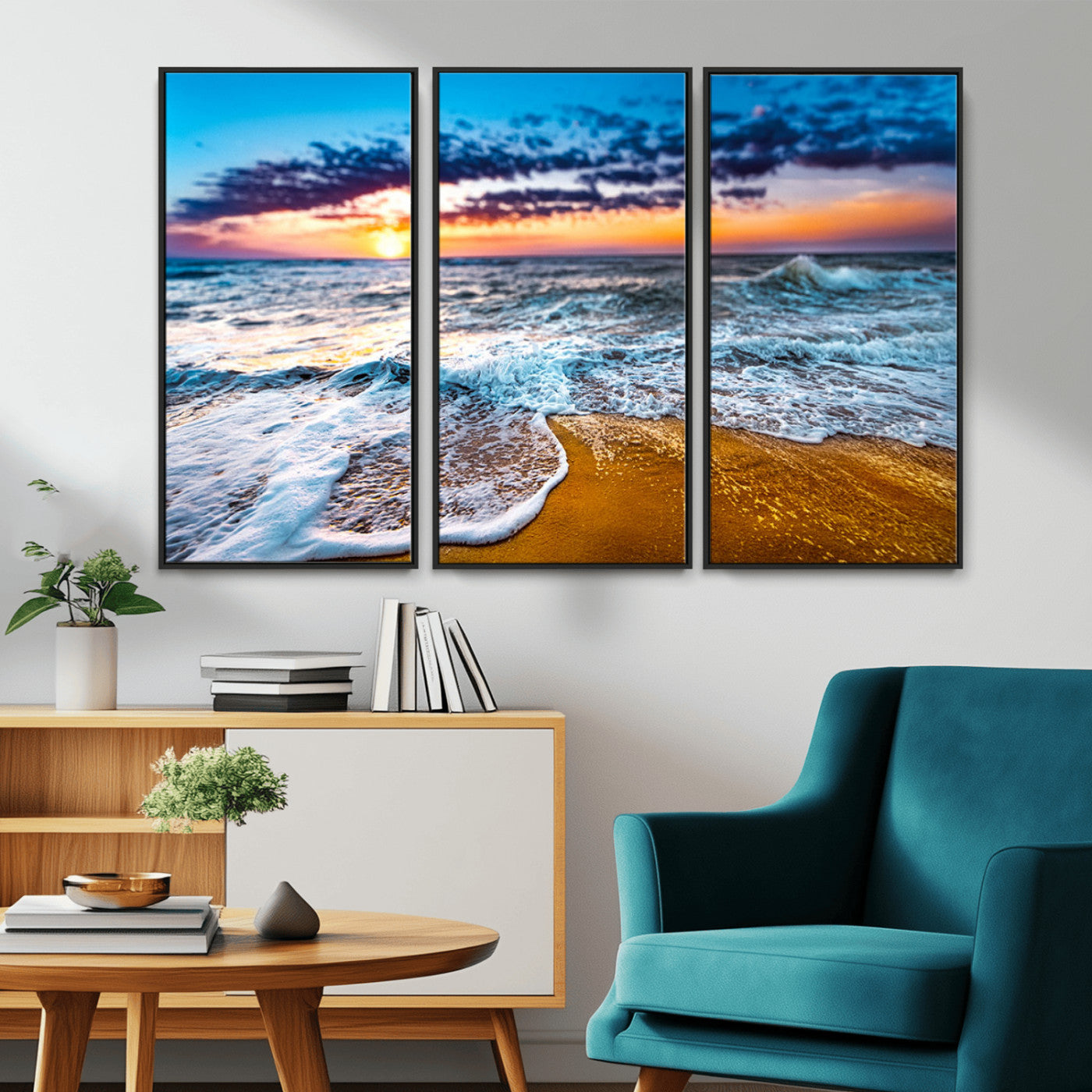 24077769-MGV-CV-36X24-Sunset Beach Wall Art – Ocean Waves Canvas Print, Golden Shoreline Photography Coastal Decor for Living Room, Bedroom, Office,