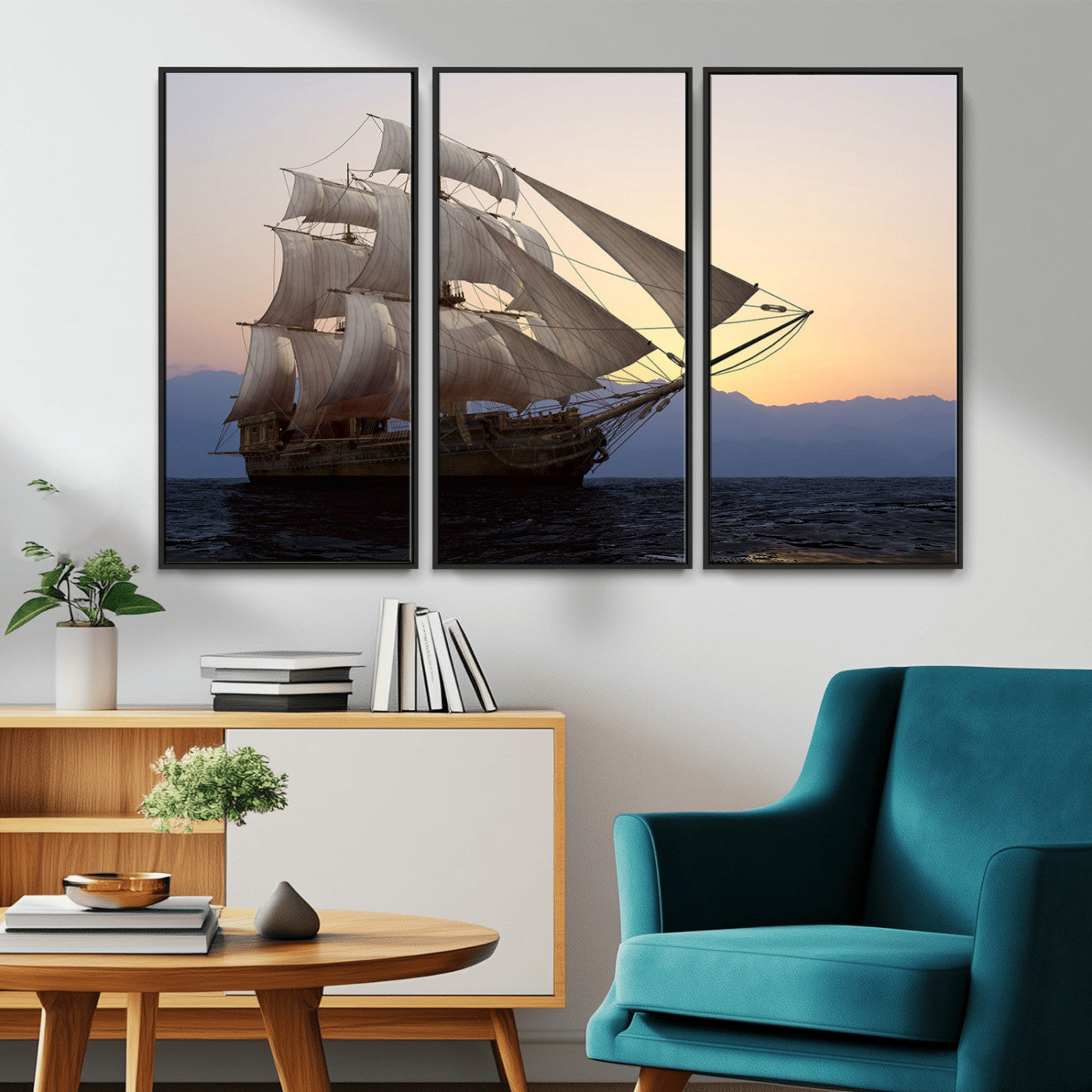 99957679-MGV-CV-36X24-Majestic Sailing Ship Wall Art – Sunset Ocean Voyage, Classic Tall Ship with Wind Filled Sails Canvas Print for Home, Office,