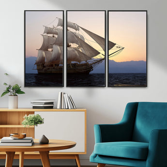 99957679-MGV-CV-36X24-Majestic Sailing Ship Wall Art – Sunset Ocean Voyage, Classic Tall Ship with Wind Filled Sails Canvas Print for Home, Office,