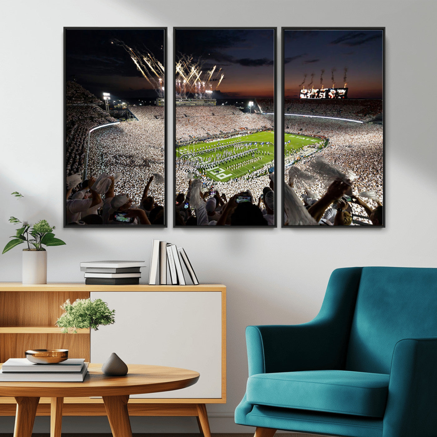 11221988-MGV-FC-48X32-3P_Black-Football Stadium Wall Art – Game Day Crowd with Fireworks, Sports Fan Photography Print, Stadium Decor for Man Cave, Bar, or