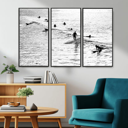 68018616-MGV-CV-36X24-Black and White Surf Photography Print – Minimalist Ocean Wall Art, Surfers Riding Waves, Coastal Beach Decor for Modern Home or