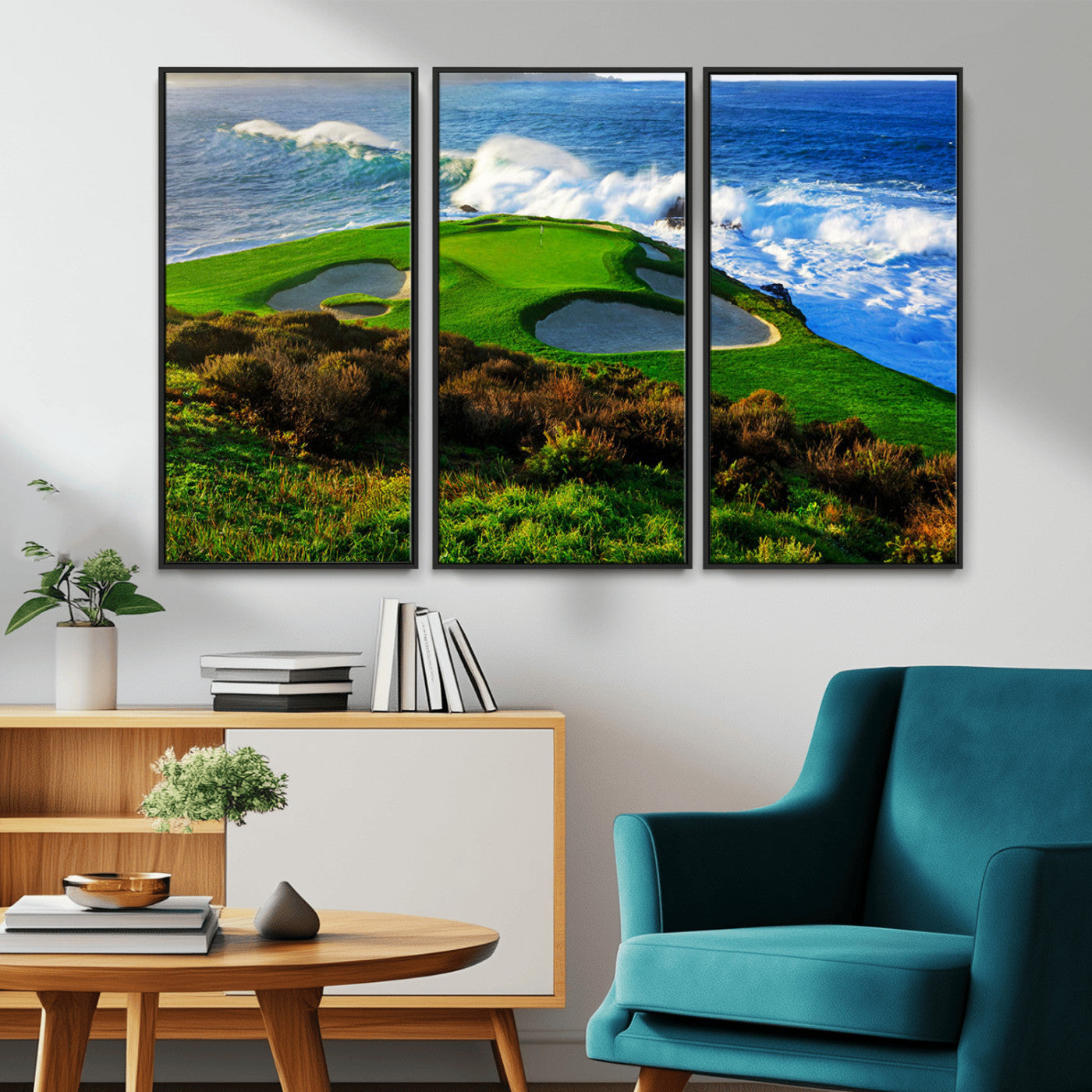 34181847-MGV-CV-36X24-Coastal Golf Course Wall Art – Panoramic Ocean Fairway Canvas Print, Scenic Sports Photography Decor for Office, Man Cave, Living