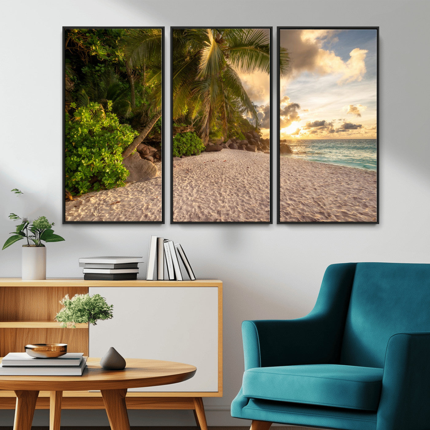 89531159-MGV-CV-36X24-Tropical Beach Sunset Canvas Wall Art – Palm Trees Golden Sand Ocean Waves Coastal Paradise Print for Beach House Bedroom Bathroom