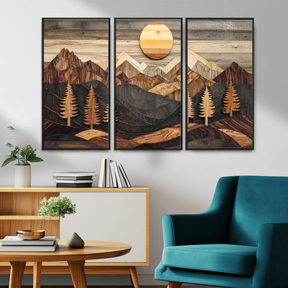 90044381-MGV-CV-36X24-Rustic Wall Art – Wooden Mountain Landscape with Sun and Pine Trees, Handcrafted Nature Canvas Style Decor for Bedroom, Living