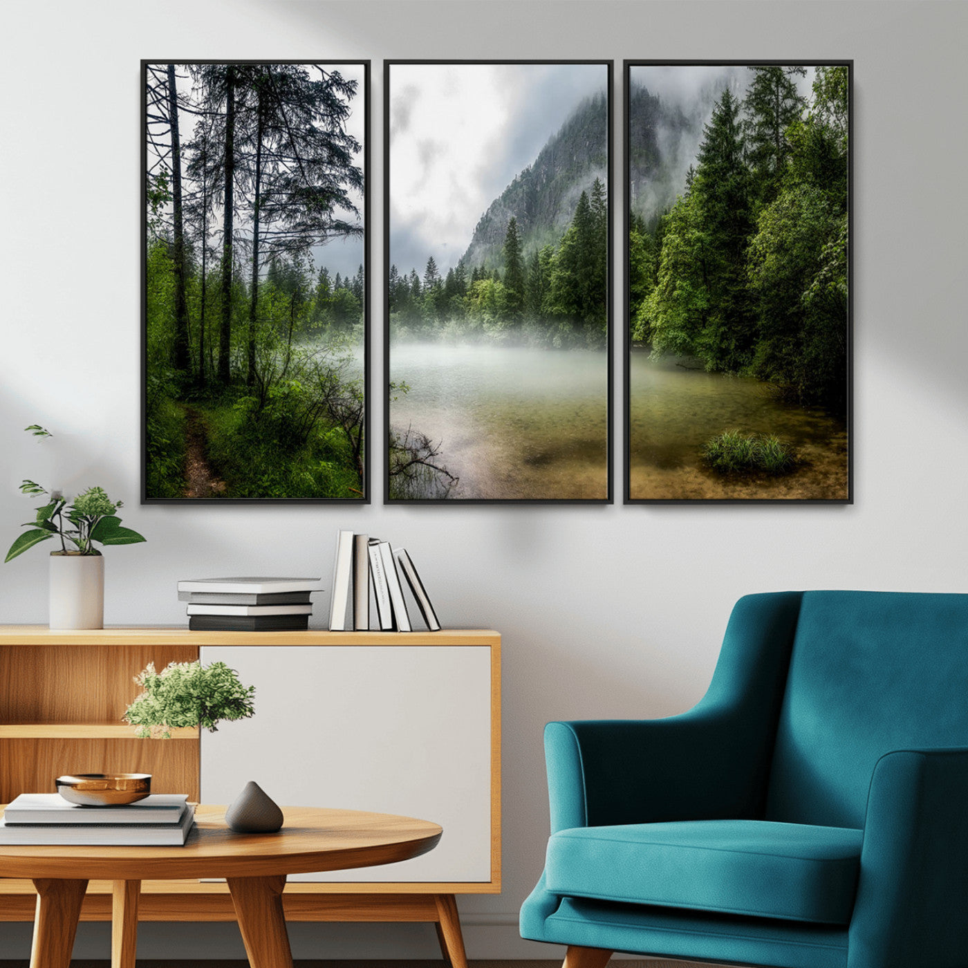 93123937-MGV-CV-36X24-Landscape Wall Art – Misty Mountain Lake Canvas Print, Tranquil Forest and Waterfall Photography Decor for Bedroom, Living Room,