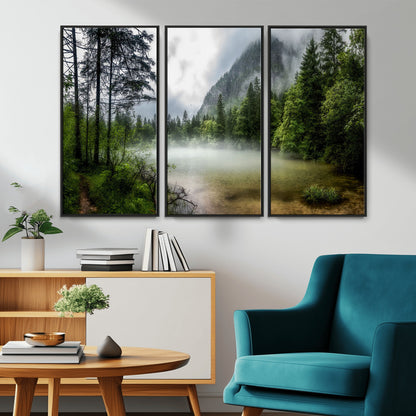 93123937-MGV-CV-36X24-Landscape Wall Art – Misty Mountain Lake Canvas Print, Tranquil Forest and Waterfall Photography Decor for Bedroom, Living Room,