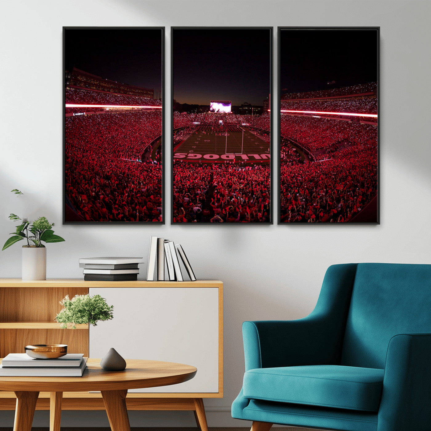 38331045-MGV-FC-48X32-3P_Black-Sanford Stadium Wall Art – Georgia Bulldogs Football Red Night Game Canvas Print, Electric College Sports Decor for Man Cave or