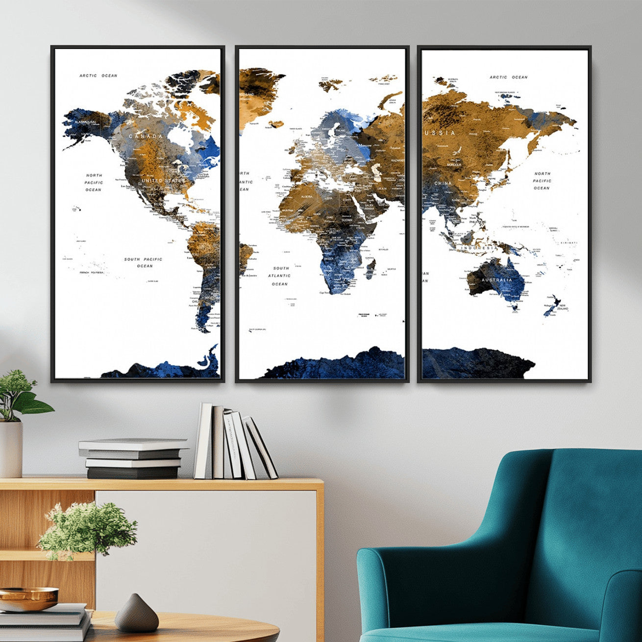 MGV-FC-48X32-3P - World Map Wall Art Canvas Print, Framed Blue Gold Map Art Picture Print, Rustic Atlas Perfect Rustic Modern Decor Artwork